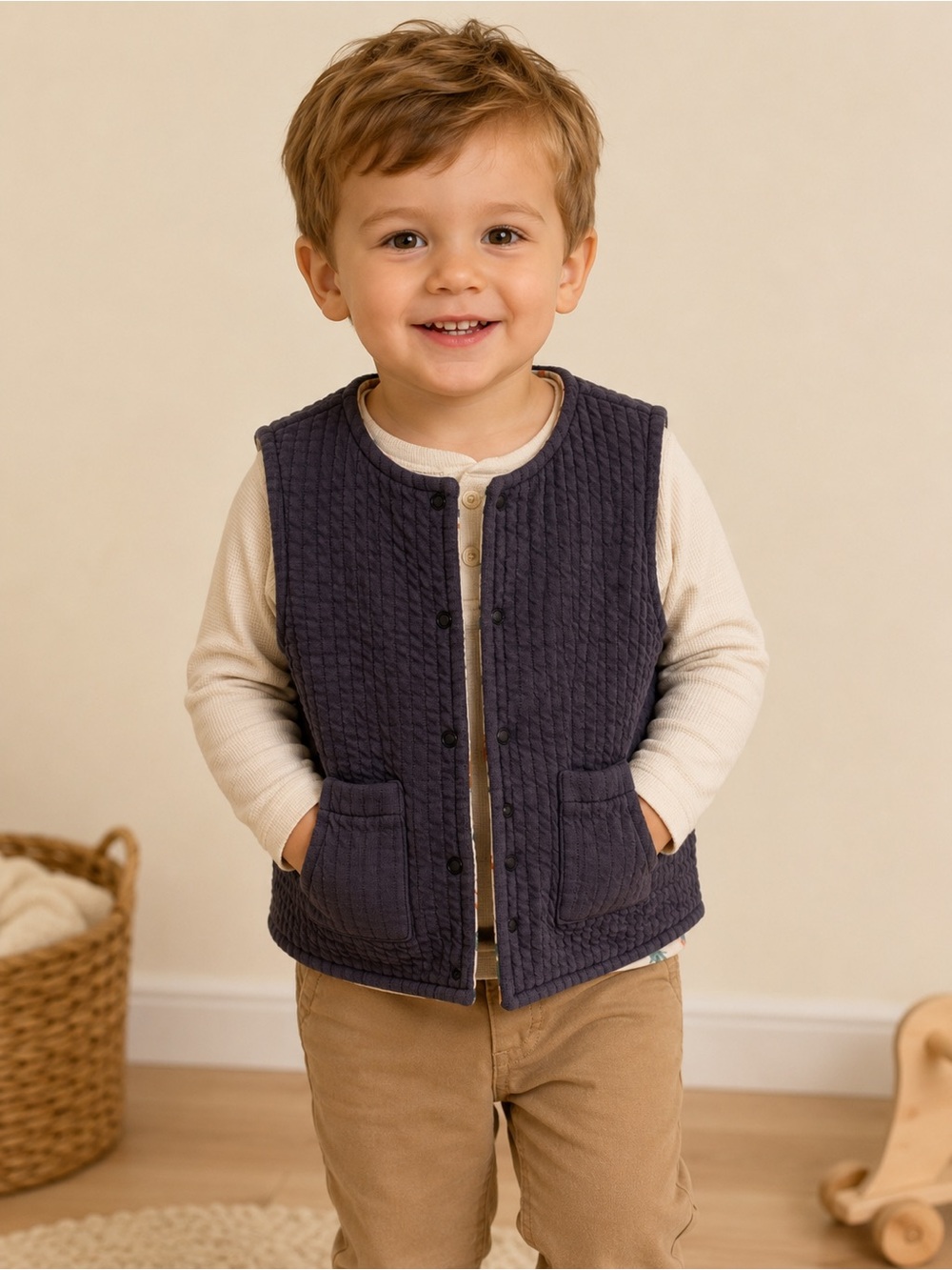 Toddler Reversible Quilted Dinosaur Vest Navy 24M